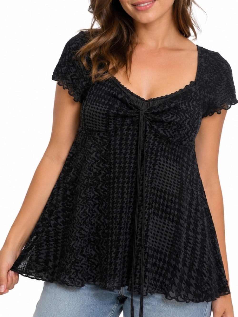 Shein Babydoll Top Womens Size Large Black Burnout Feminine Boho Chic Velvet